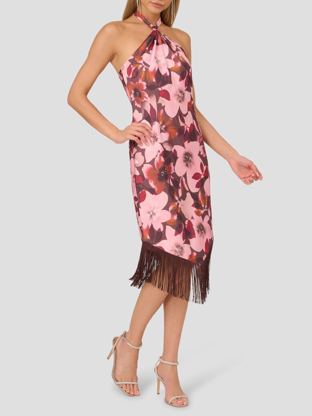 🆕 Adrianna Papell Pink & Brown Floral Halter Fringe Hem Satin Midi Dress Size 2